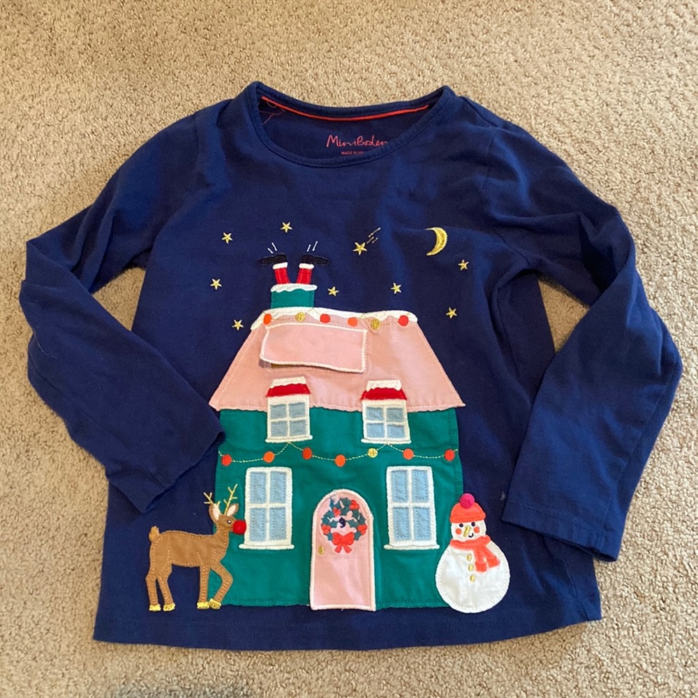 Mini Boden Lift the Flap Holiday Navy Long Sleeve Cotton Shirt Size 6-7 Years